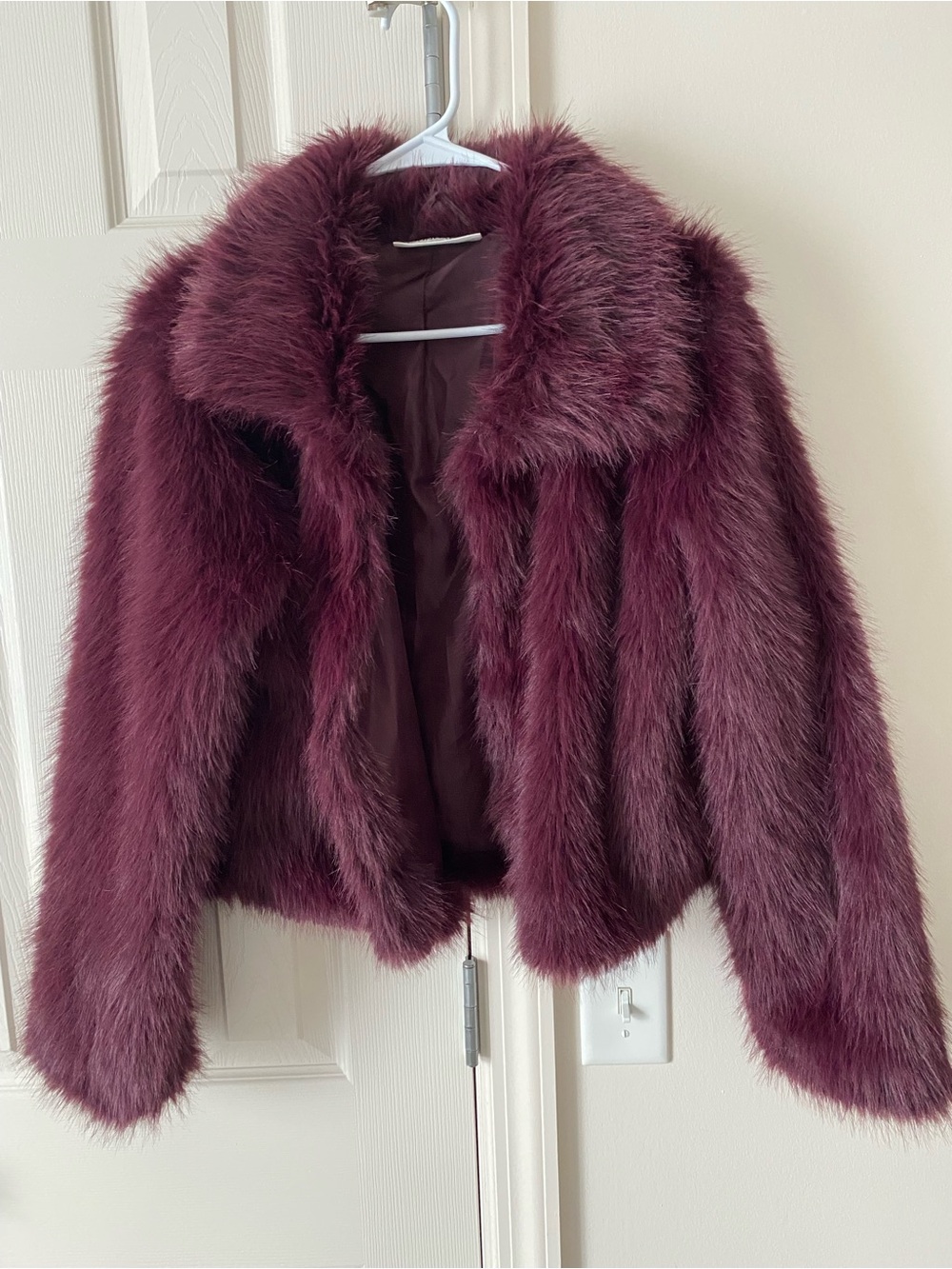 No Boundaries Plush Faux Fur Jacket in Burgundy Plum